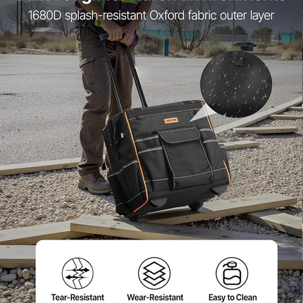 VEVOR Rolling Tool Bag, 110 lbs Load Capacity, 25 Pockets Heavy Duty Roller Tool Bag on Wheels, Adjustable Telescoping Handle & Stable Base, Toolbag Organizers with Wheels for Construction, Mechanic