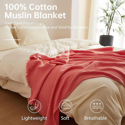 Simple&Opulence Jeté de lit en mousseline de coton 4 couches pour lit et canapé Couverture en gaze tissée avec pompons Douce Légère Confortable Prélavée Respirante Décoration de ferme pour toutes les saisons