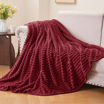 BEDELITE Ribbed Jacquard Burgundy Fleece Twin Blanket for Couch, 60x80 Inch