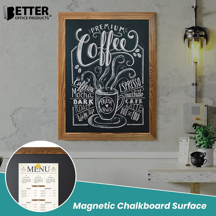 Better Office Products Magnetic Wall Chalkboard, Large Size 18 x 24, Rustic Wood Frame, Chalkboard Sign, Vertical or Horizontal Wall Mount, Includes Chalk and Eraser, by (Rustic Brown)