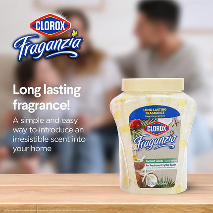 Clorox Fraganzia Ambientador Perlas de Cristal Coco Colada 340g | Perlas Ambientadoras de Larga Duración 340 gramos | Frasco Ventilado Fácil de Usar para el Hogar, Baños, Armarios, Coche u Oficina
