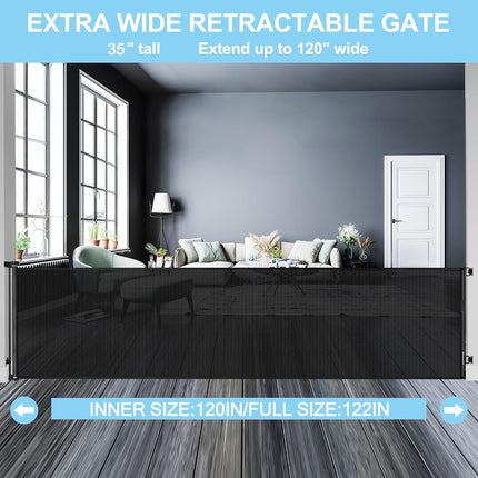 WOMHOM 120 Inch Extra Wide Baby Gate for Large Opening Retractable Gates Doorway Long Dog The House Outdoor Adjustable Pet Dogs Indoor Mesh Child (Black), 35'' Tall x 120'' (WJTD-606)