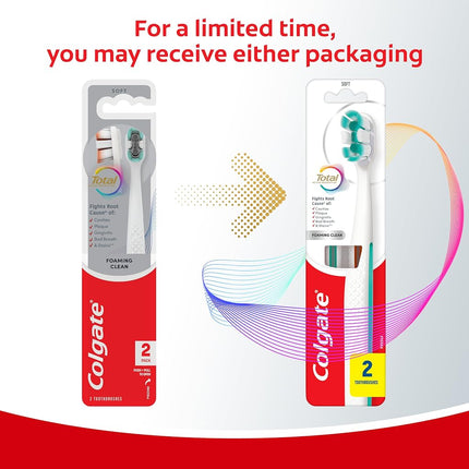 Colgate Total Active Prevention Foaming Clean Soft Toothbrushes, Soft Bristle Toothbrush Pack for Plaque Removal, Helps Reach Deeper Along The Gumline and Between Teeth, White, 2 Pack