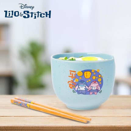 Silver Buffalo Lilo and Stitch Angel Holding Hands Couple Floating Lantern Ceramic Ramen Noodle Rice Bowl with Chopsticks, Microwave Safe, 20 Ounces