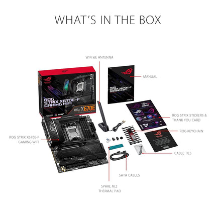 ASUS ROG Strix X670E-F Gaming WiFi AMD Ryzen AM5 ATX motherboard, 16 + 2 power stages, DDR5 support, four M.2 slots with heatsinks, USB 3.2 Gen 2x2, PCIe 5.0, WiFi 6E, AI Cooling II, and Aura Sync