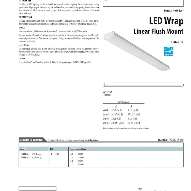 Lithonia Lighting FMLWL 48 835 4 ft. White LED Wraparound Flushmount, 3500K