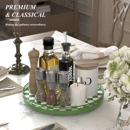 Premium Rubber Wood Lazy Susan Turntable, Green White Checkerboard Decorative Serving Tray, Hand-Welded Metal Railing, Stable Rotating Organizer for Dining Table, Kitchen Counter, Coffee Table Decor