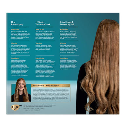 OGX Abbey Yung Favorites Set includes Bond Protein Repair 450°F Heat Protect Spray, Bond Protein Repair 1-Min Treatment Mask & Damage Remedy + Coconut Miracle Penetrating Oil, 3 Full Size Items