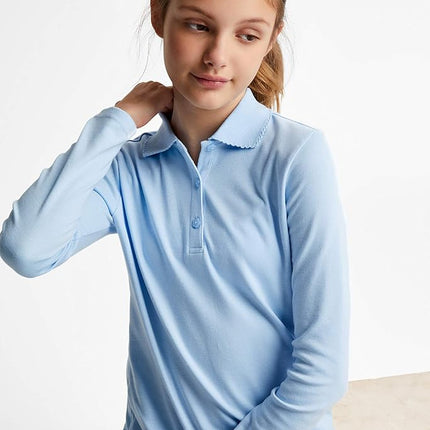 Polo de manga larga interlock para niñas French Toast con cuello picot, azul claro, 10-12 Plus
