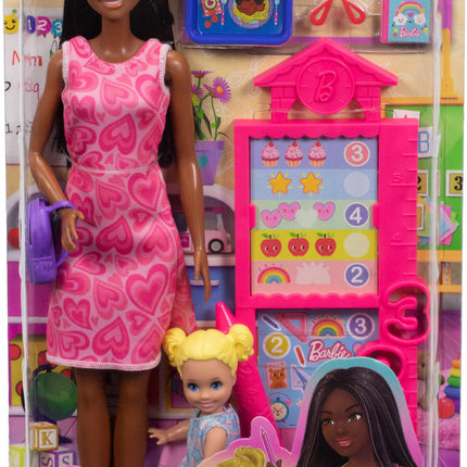 Barbie Careers Teacher Playset with Fashion Doll Wearing Removable Dress, Toddler Small Doll, Classroom Board & Accessories, JMK17