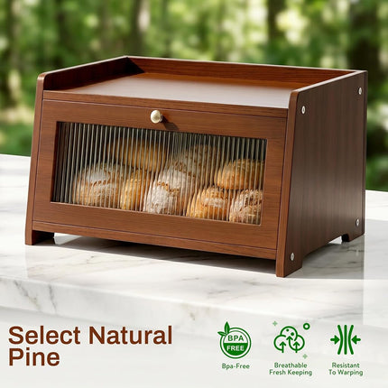 Wooden Bread Box for Kitchen Countertop with Clear Acrylic View Window