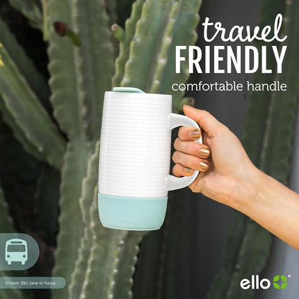 Ello Jane Mug de voyage en céramique de 530 ml avec poignée, couvercle coulissant anti-éclaboussures et sous-verre intégré, parfait pour le café et le thé, sans BPA, passe au lave-vaisselle, cadeau pour lui, elle, fête des mères, anniversaire, Sandbar