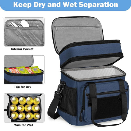 Double Deck Insulated Lunch Box, Expandable Large Lunch Bag Leakproof Cooler Bag Lunch Pail for Men Women Adults Work Shifts Travel Daytrip,16L,Blue