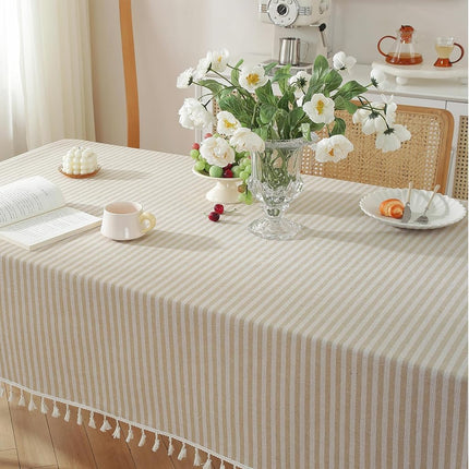 meioro Round Tablecloth Stripe Tassel Table Cloth Cotton Linen Dust-Proof Table Cover for Dining Circle Coffee Side End Card Table, Parties Holiday Indoor Outdoor Use (Red/White Stripes, 59 Inch)