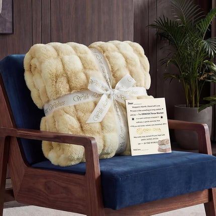 ORINOVA Tie-dye Camel Faux Fur Rabbit Thick Throw Blanket for Couch Living Room 50x60 Fluffy Bed Furry Comforter Soft Blanket Best Housewarming Home Gifts 860 GSM