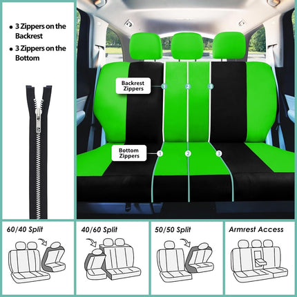 FH Group FB030GREEN115-SEAT Fundas de asiento automotriz de cubo verde de ajuste universal y funda de banco para la mayoría de automóviles, SUV y camiones (juego completo compatible con airbag con asiento trasero partido)