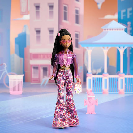 Barbie Signature My Scene Jai Doll and Accessories, Black Braids, Y2K-Inspired Outfit with Pink Top, Vinyl Jacket, Floral Flare Pants and Doll Stand, JBH84