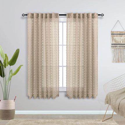 KOUFALL Taupe Small Window Curtain for Bathroom,Boho Pom Pom Textured Earthy Neutral Semi Sheer Short Curtains for Kitchen,52 by 45 Inch Length