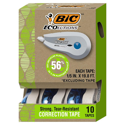 BIC Wite-Out Brand Revolution Mini Correction Tape, Contains 56% Recycled Plastic, White Tape, 10 Pack