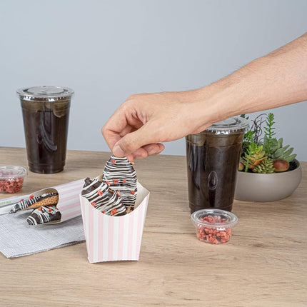 Bio Tek 3.9 x 2.6 x 3.5 Inch French Fry Cup, 100 Disposable Snack Cups - Stackable, Sustainable, Pink and White Paper 2 Ounce Fry Holder, for Fries, Onion Rings, Popcorn, or Cookies - Restaurantware