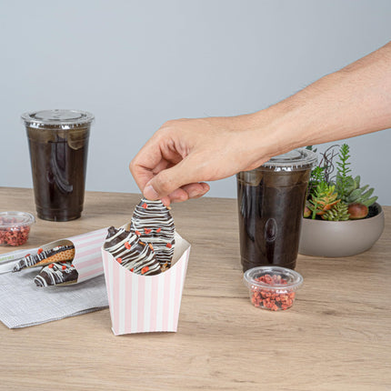 Bio Tek 3.9 x 2.6 x 3.5 Inch French Fry Cup, 100 Disposable Snack Cups - Stackable, Sustainable, Pink and White Paper 2 Ounce Fry Holder, for Fries, Onion Rings, Popcorn, or Cookies - Restaurantware