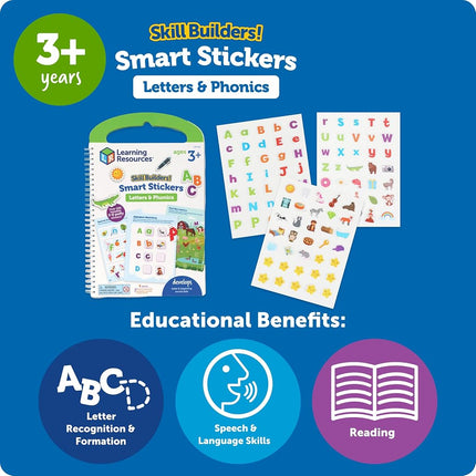 Learning Resources Skill Builders Smart Stickers Letters & Phonics, Alphabet Stickers, Reusable Sticker Book, Preschool Classroom Must Haves, Montessori busy books, Homeschool Learning, Ages 3+