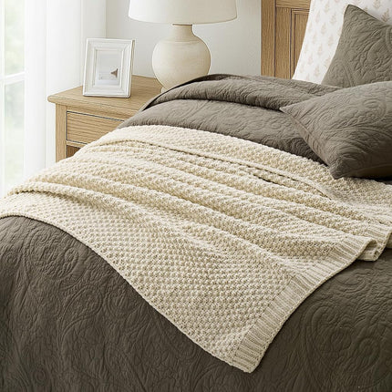 Manta de punto de chenilla gruesa EVERGRACE para sofá, mantas suaves y lujosas de punto musgo para cama, manta decorativa rústica y acogedora para sofá, todas las estaciones, beige, 152 x 203 cm