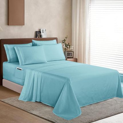 Elegant Comfort 1500 Premium Quality 6-Piece Bed Sheet Set - 18-24 Inch Extra Deep Pocket, Smart Storage Pockets, Wrinkle Free Ultra Soft 6PC Extra Deep Pocket Sheets, Queen, Aqua