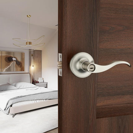 1 Pack of HENYIN Wave Lever Door Lock/Door Knob Hardware Handle and Closet Lockset, Silver Color, Bathroom Version Without Key,Rihgt Hand (805SN-R-Bk)