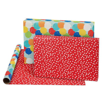American Greetings Reversible Birthday Wrapping Paper, Stars, Polka Dots, and Balloons (3 Pack, 120 sq. ft)