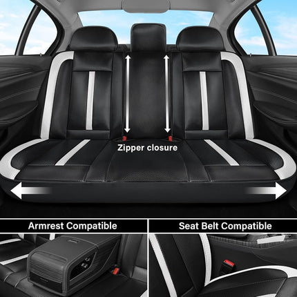 Fundas de asiento de cuero Coverado, juego completo y fibra de carbono, protector impermeable y duradero para todo tipo de clima, ajuste universal para SUV, camioneta, sedán, interior de vehículos automotrices, blanco y negro