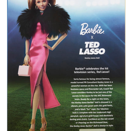 Barbie Signature Doll, Keeley Jones from Ted Lasso Wearing Pink Dress with Faux Fur Cape, Collectible with Displayable Packaging, HJW92