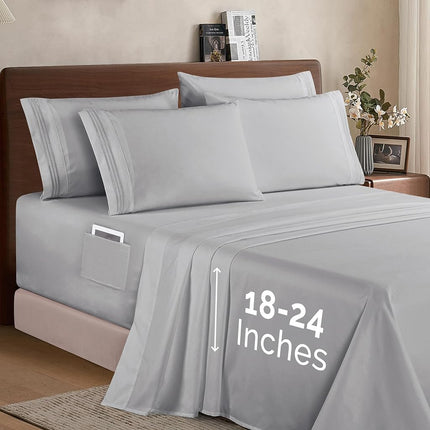 Elegant Comfort 6 Piece Bed Sheets Set Ultra Soft 1500 Thread Count Extra Deep Pocket 18-24 Inch Bed Sheets with Smart Storage Pockets, Wrinkle Resistant, King, Silver Grey