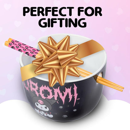 Silver Buffalo Sanrio Hello Kitty and Friends Kuromi Ceramic Ramen Noodle Rice Bowl with Chopsticks, Microwave Safe, 20 Ounces