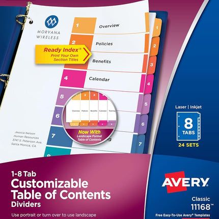Avery 8 Tab Dividers for 3 Ring Binders, Customizable Table of Contents, Multicolor Tabs, 24 Sets (11168)