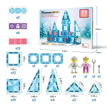 PicassoTiles 71pc Mini Diamond Series Winter Ice Theme Magnetic Tile Building Blocks 2 Character Action Figures Travel Size On-The-Go Magnet Construction Toy Set STEM Development Kit Ages 3+ PTM71