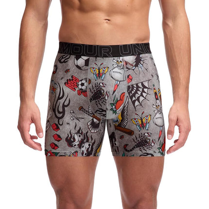 Under Armour Men's Performance Tech Mesh Print Singles, 6" Inseam Boxer Brief, Black/Grey, M