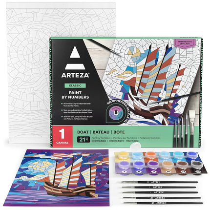 Arteza Peinture par Numéros pour Adultes, 30x40 cm, 21 Pièces, Kit Peinture par Numéros Bateau, Comprend 1 Panneau de Toile, 12 Pots de Peinture Acrylique, 5 Pinceaux, Fournitures d'Art pour Débutants et Peintres Amateurs