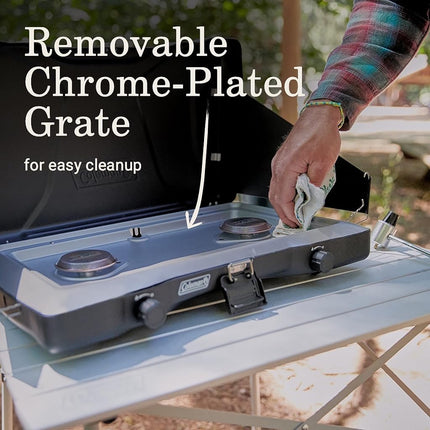 Estufa de propano Coleman Triton de 2 quemadores para camping, parrilla/estufa portátil para camping con quemadores ajustables, protectores contra el viento, cierre de alta resistencia y asa, 22,000 BTU de potencia total