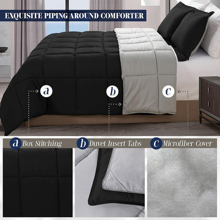 Elegant Comfort 3-Piece Reversible Comforter Set, All Season Cozy, Soft Down Alternative, Quilted - Box Stitched - Duvet Insert with 4 Corner Tabs, Comforter with Shams, Queen, Black/Silver