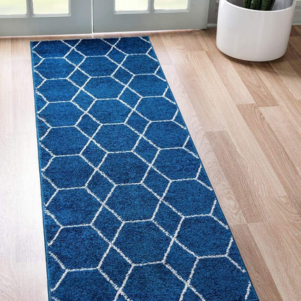 Unique Loom Trellis Frieze Collection Lattice Moroccan Geometric Modern Navy Blue Runner Rug (2' 0 x 13' 0)