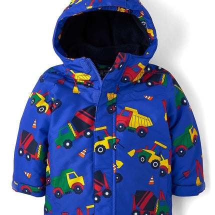 The Children's Place boys And Toddler Heavy 3 in 1 Winter Jacket, Wind Water-resistant Shell, Fleece Inner, Blue Construction Trucks, 2T