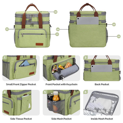 Maelstrom Lunch Bag Women,23L Insulated Lunch Box for Men Women,Expandable Double Deck Lunch Cooler Bag,Lightweight Leakproof Lunch Tote Bag with Side Tissue Pocket,Green