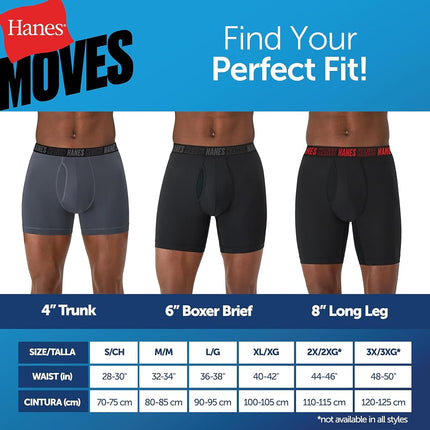 Hanes Men's Moves Performance Boxer Brief, Total Support Pouch, Trunk, and Long Leg, 3-Pack, Red/Grey/Black-Regular-3 Pack, XXL (Pack of 3)