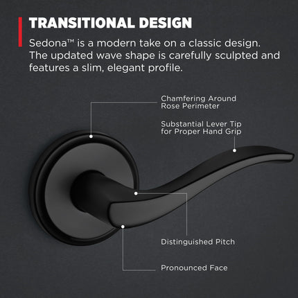 Kwikset Sedona Interior Passage Door Handle, Lever for Closet and Hallway Doors, Reversible Non-Locking Handle Lever, Matte Black, with Microban Protection