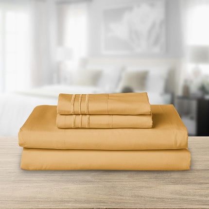 Elegant Comfort Luxurious 1500 Premium Hotel Quality Microfiber Three Line Embroidered Softest 4-Piece Bed Sheet Set, Wrinkle and Fade Resistant, Full, Camel-Gold