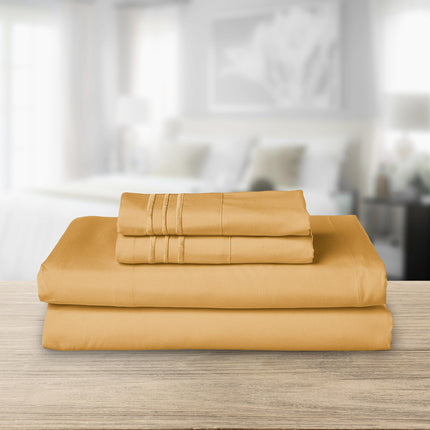 Elegant Comfort Luxurious 1500 Premium Hotel Quality Microfiber Three Line Embroidered Softest 4-Piece Bed Sheet Set, Wrinkle and Fade Resistant, Full, Camel-Gold