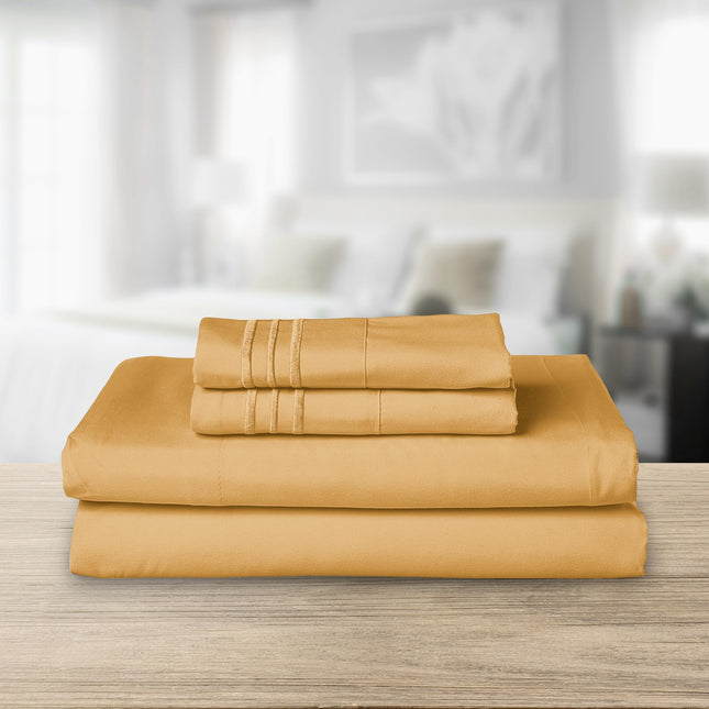 Elegant Comfort Luxurious 1500 Premium Hotel Quality Microfiber Three Line Embroidered Softest 4-Piece Bed Sheet Set, Wrinkle and Fade Resistant, Full, Camel-Gold