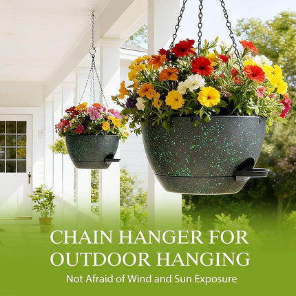 SQKH 10 Inch Hanging Baskets 2 PC with Chains, Self-Watering Hanging Planters for Indoor Outdoor Plants, Plastic Hanging Flower Pots,Black with Green Speckles
