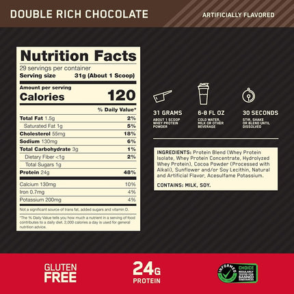 Optimum Nutrition Gold Standard 100% Whey Protein Powder, Double Rich Chocolate, 909 Grams